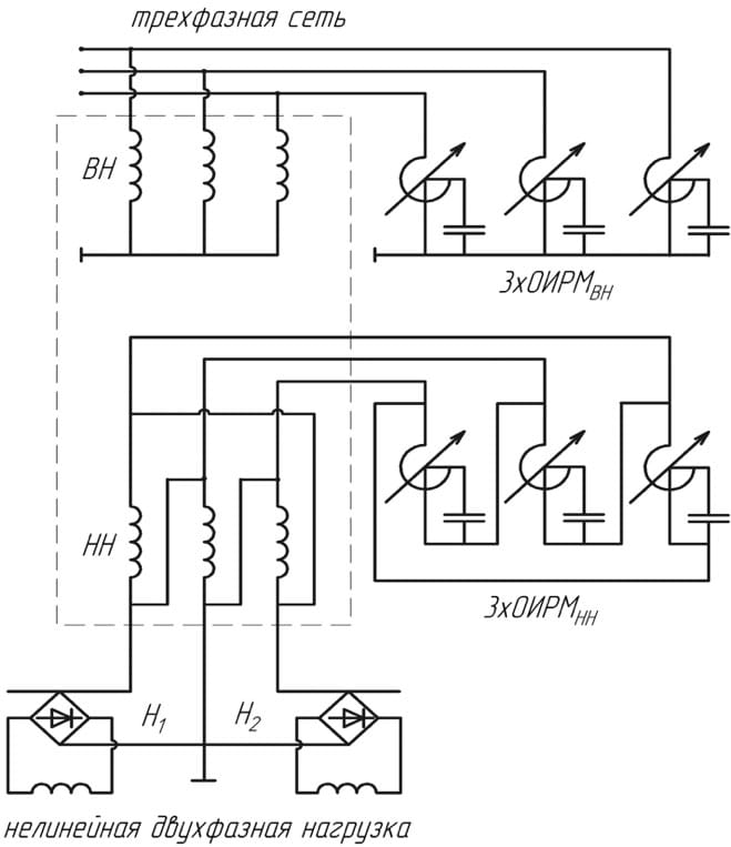 Принципиальная схема подключения ОИРМ к трехфазной электрической сети, питающей нелинейную двухфазную нагрузку